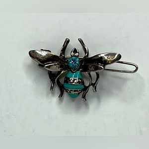 vtg Silver Tone Art Deco Enamel Bug Insect Bee Blue Rhinestone Hair Scarf Clip
